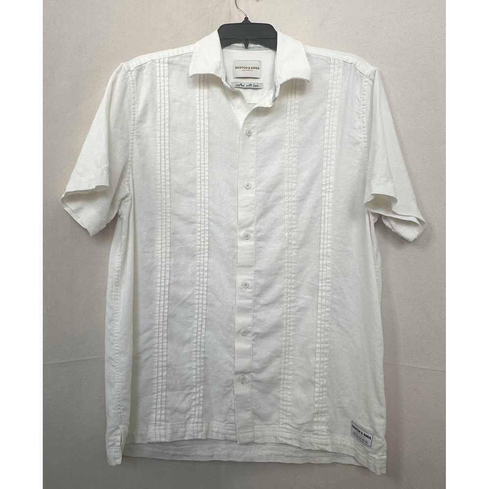 Scotch & Soda Mens Coastal Cream Linen Blend Pintuck Button Down Shirt Sz M S/S